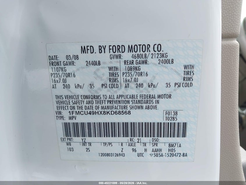 2008 Ford Escape 2.3 Hybrid White Lot 111045221599 Vin 1FMCU49HX8KD68568