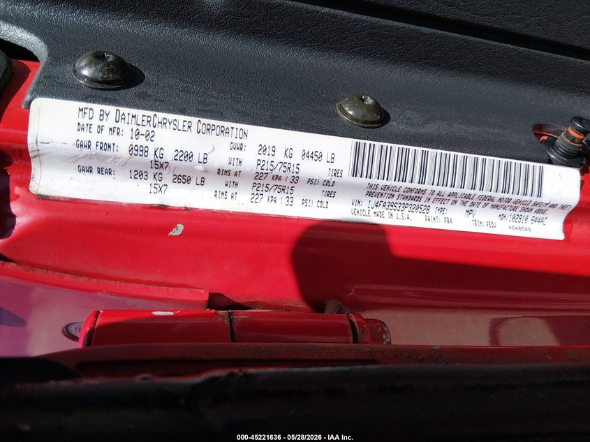 2003 Jeep Wrangler X VIN: 1J4FA39S33P320528 Lot: 45221636