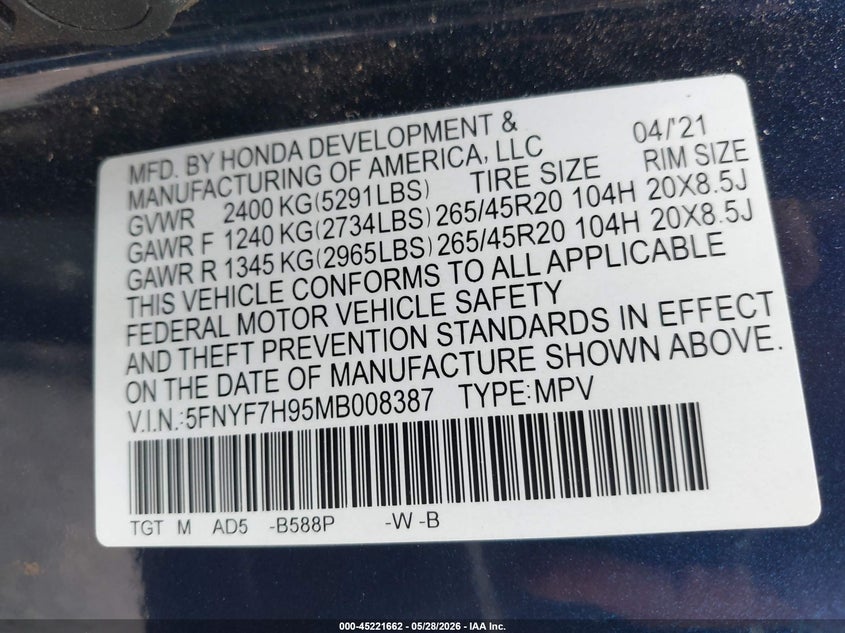 2021 Honda Passport 2Wd Touring VIN: 5FNYF7H95MB008387 Lot: 45221662