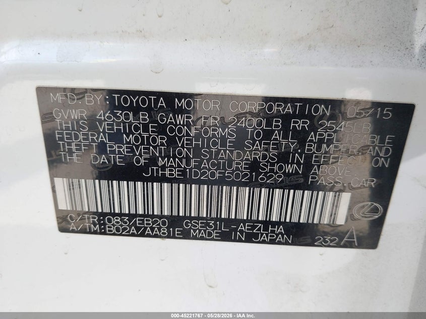 LEXUS IS 350 2015 VIN JTHBE1D20F5021629