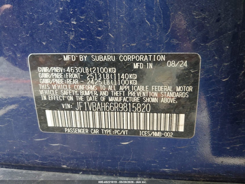2024 Subaru Wrx Premium VIN: JF1VBAH66R9815820 Lot: 45221819