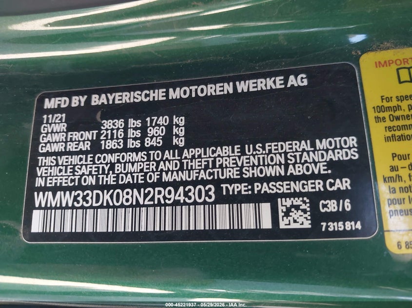 2022 Mini Hardtop Oxford Edition VIN: WMW33DK08N2R94303 Lot: 45221937