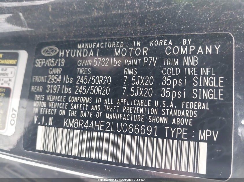 2020 Hyundai Palisade Sel VIN: KM8R44HE2LU066691 Lot: 45222011