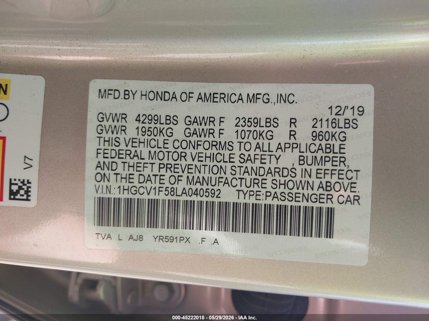 VIN: 1HGCV1F58LA040592 2020 HONDA ACCORD EX-L