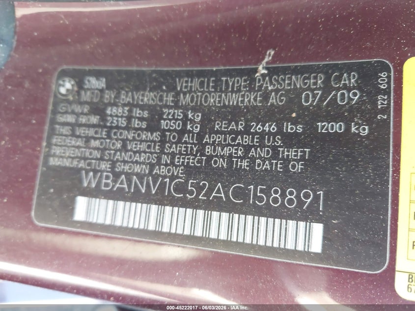 2010 BMW 528I xDrive VIN: WBANV1C52AC158891 Lot: 45222017