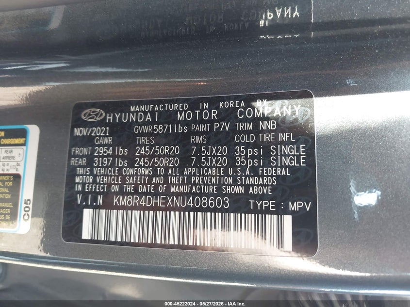 2022 Hyundai Palisade Sel VIN: KM8R4DHEXNU408603 Lot: 45222024