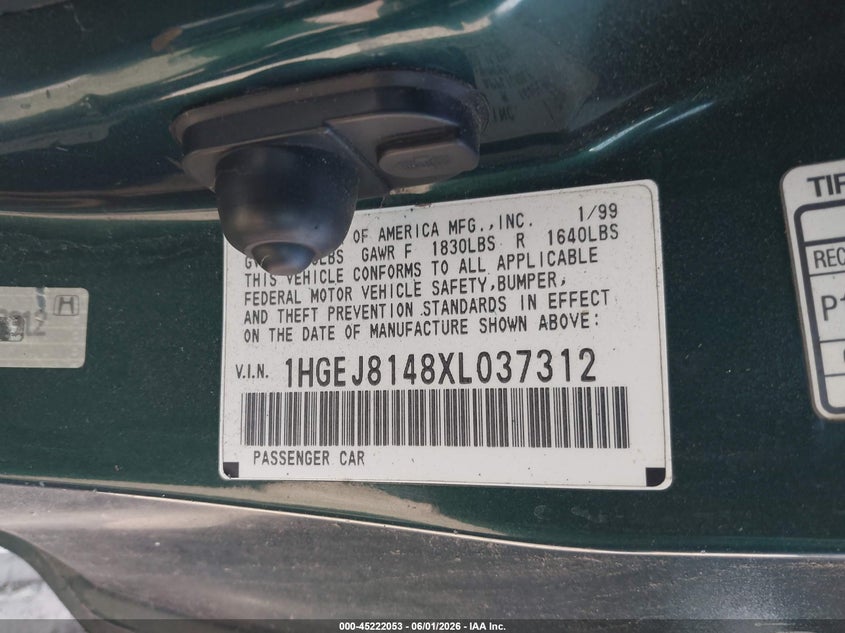 1999 Honda Civic Ex VIN: 1HGEJ8148XL037312 Lot: 45222053
