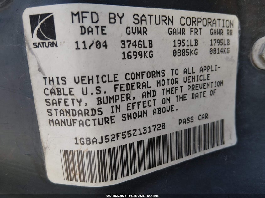 2005 Saturn Ion 2 VIN: 1G8AJ52F55Z131728 Lot: 45222078