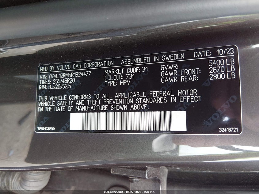 2024 Volvo Xc60 B5 Ultimate Dark Theme VIN: YV4L12RM5R1824477 Lot: 45222084