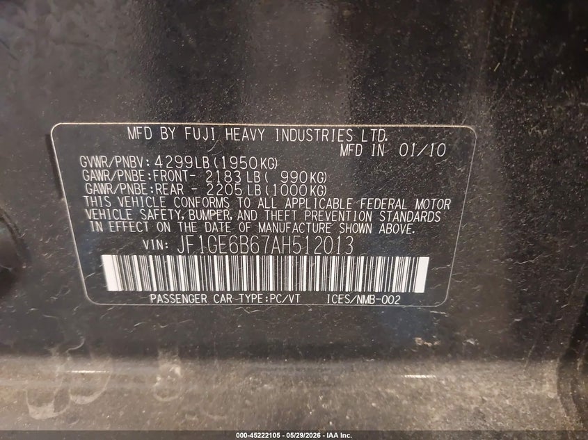 2010 Subaru Impreza 2.5I Premium VIN: JF1GE6B67AH512013 Lot: 45222105