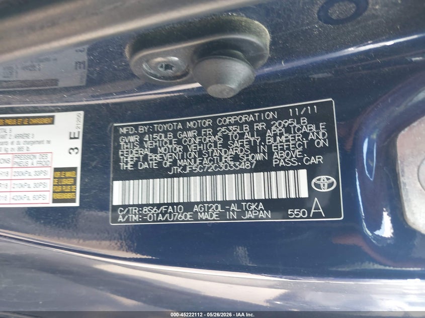 2012 Scion Tc 2.5 blue Lot 111045222112 Vin JTKJF5C72C3033487