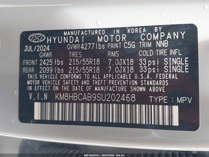 2025 Hyundai Kona Sel VIN: KM8HBCAB9SU202468 Lot: 45222161