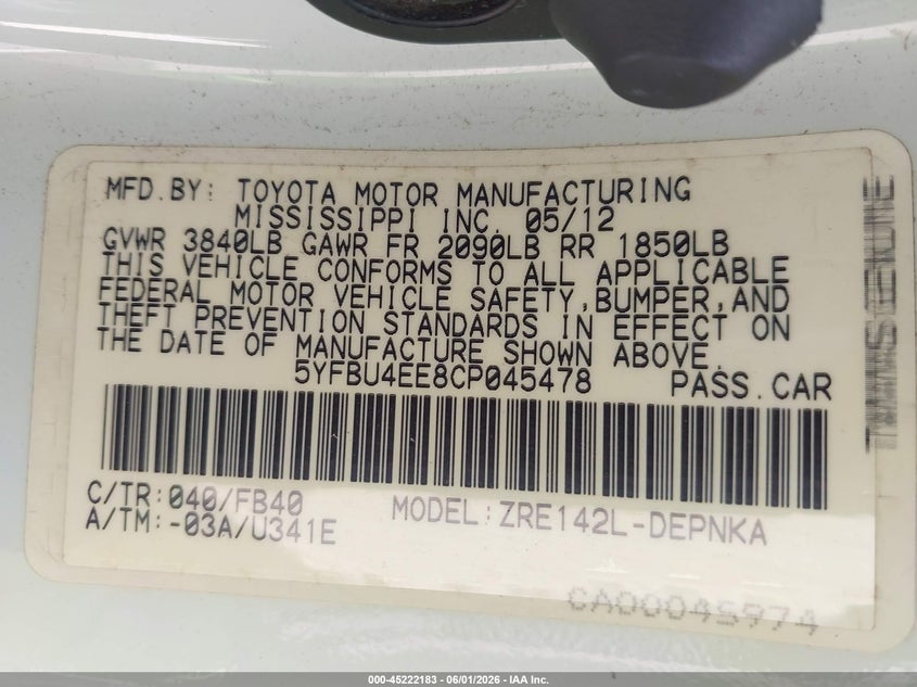 2012 Toyota Corolla 1.8 Le white Lot 111045222183 Vin 5YFBU4EE8CP045478