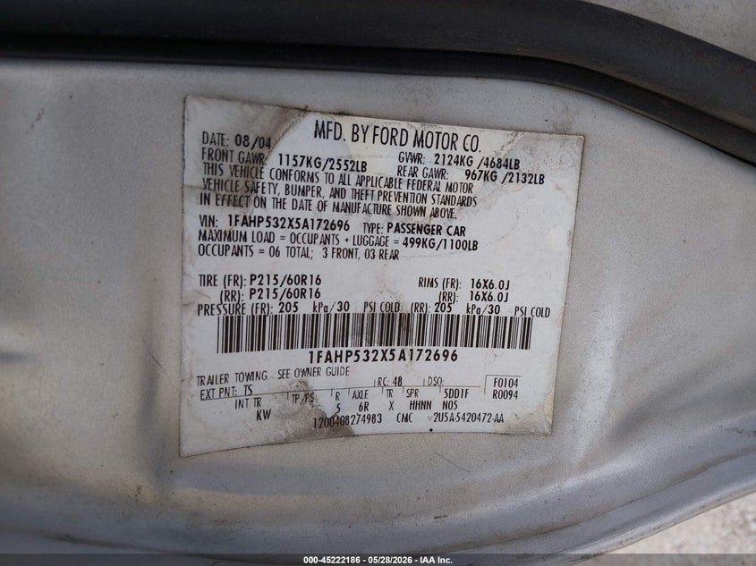 2005 Ford Taurus Se VIN: 1FAHP532X5A172696 Lot: 45222186
