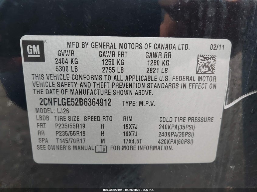 2011 Chevrolet Equinox 3.0 Ltz black Lot 111045222191 Vin 2CNFLGE52B6364912