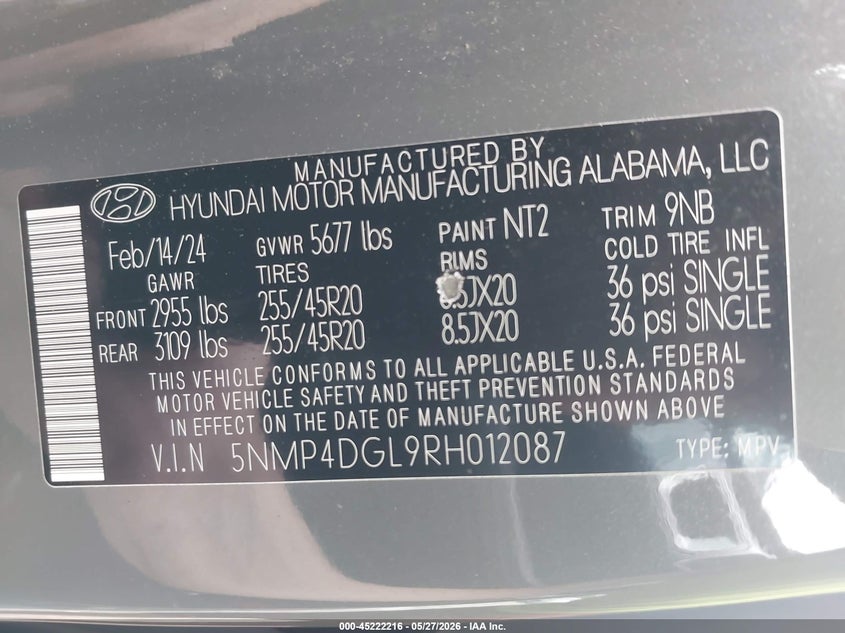 2024 HYUNDAI SANTA FE 2.5L I-4 DI, DOHC, V(VIN: 5NMP4DGL9RH012087