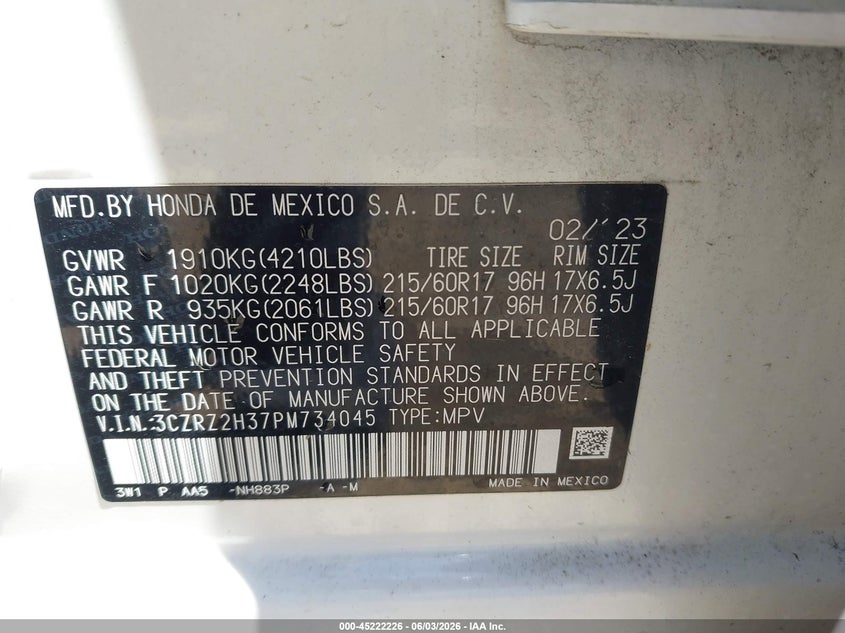 2023 Honda Hr-V Awd Lx VIN: 3CZRZ2H37PM734045 Lot: 45222226