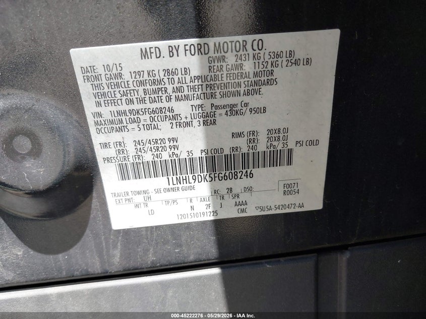 2015 Lincoln Mks VIN: 1LNHL9DK5FG608246 Lot: 45222276