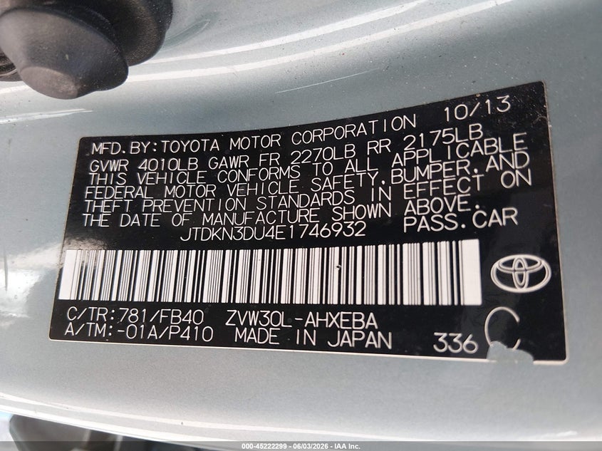 2014 Toyota Prius VIN: JTDKN3DU4E1746932 Lot: 45222299