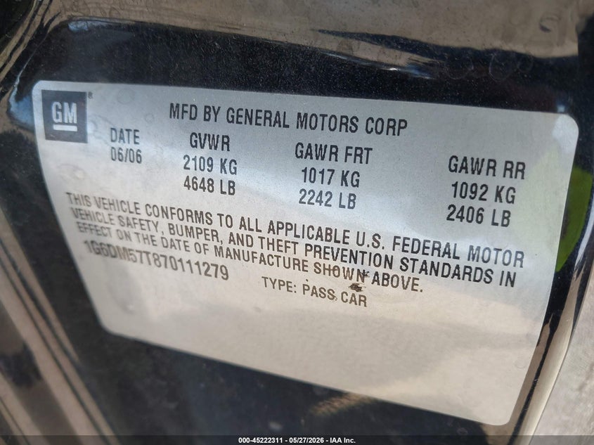 2007 Cadillac Cts Standard VIN: 1G6DM57T870111279 Lot: 45222311