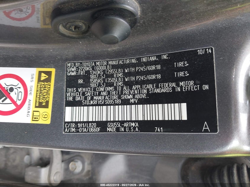 2015 TOYOTA HIGHLANDER SPORT UTILITY VEHICLE 3.5L V-6 DOHC, VVT, 270HP