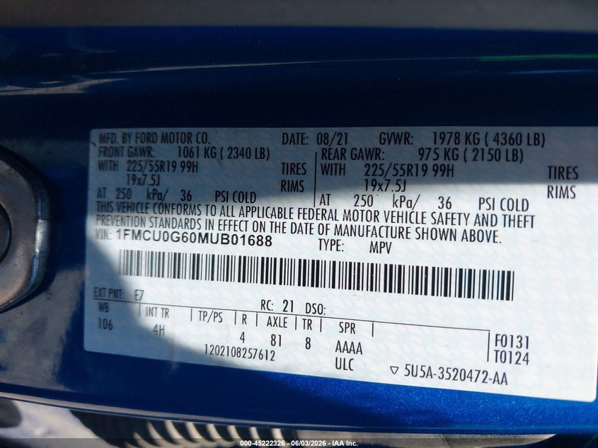 2021 Ford Escape Se VIN: 1FMCU0G60MUB01688 Lot: 45222326