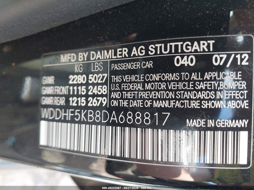 2013 Mercedes-Benz E 350 VIN: WDDHF5KB8DA688817 Lot: 45222367