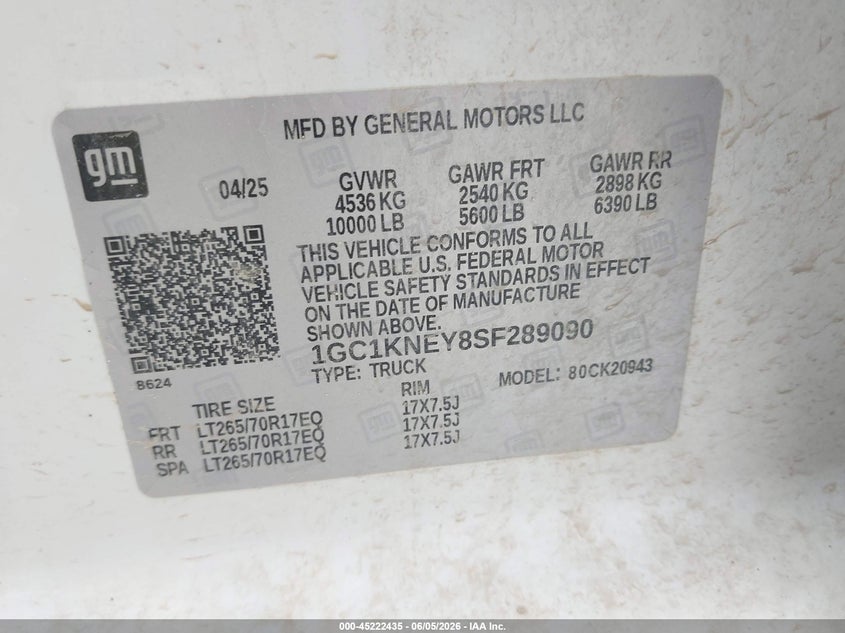 2025 CHEVROLET SILVERADO 2500HD 6.6L V-8 DI, TURBO, (VIN: 1GC1KNEY8SF289090