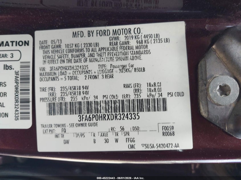 2013 Ford Fusion Se VIN: 3FA6P0HRXDR324335 Lot: 45222443