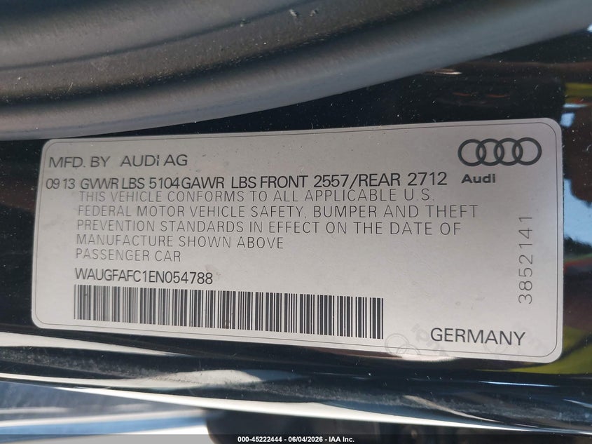 2014 Audi A6 2.0T Premium VIN: WAUGFAFC1EN054788 Lot: 45222444