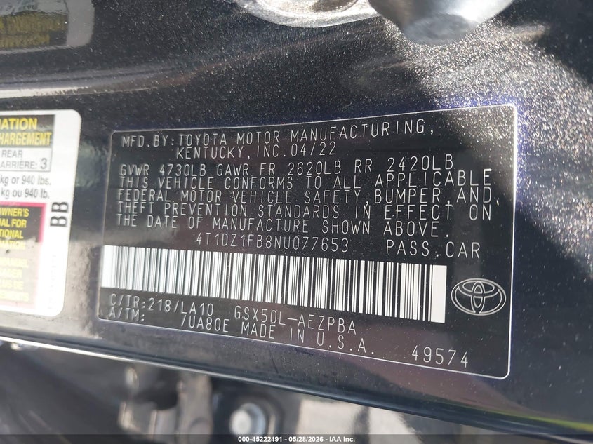 2022 Toyota Avalon Limited VIN: 4T1DZ1FB8NU077653 Lot: 45222491