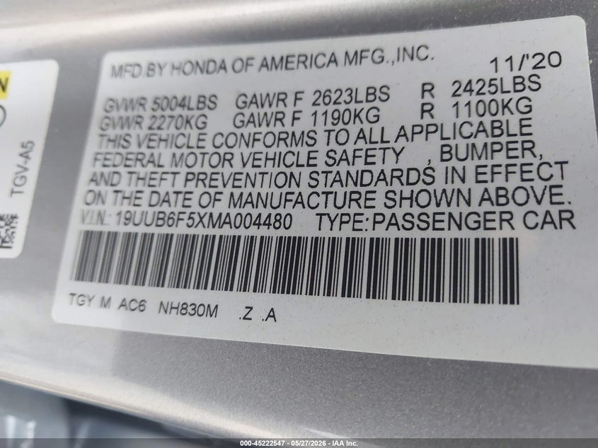 2021 Acura Tlx A-Spec Package VIN: 19UUB6F5XMA004480 Lot: 45222547