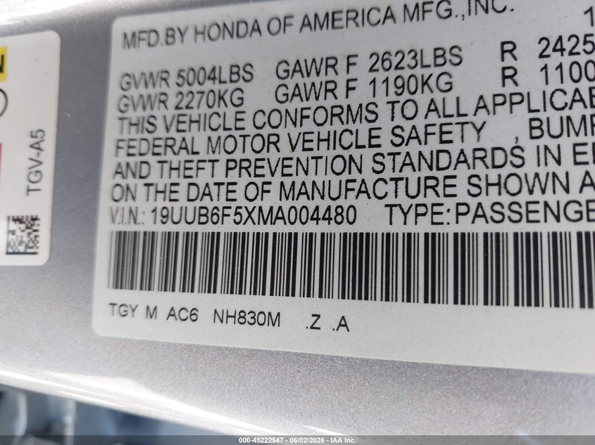 2021 Acura Tlx A-Spec Package VIN: 19UUB6F5XMA004480 Lot: 45222547