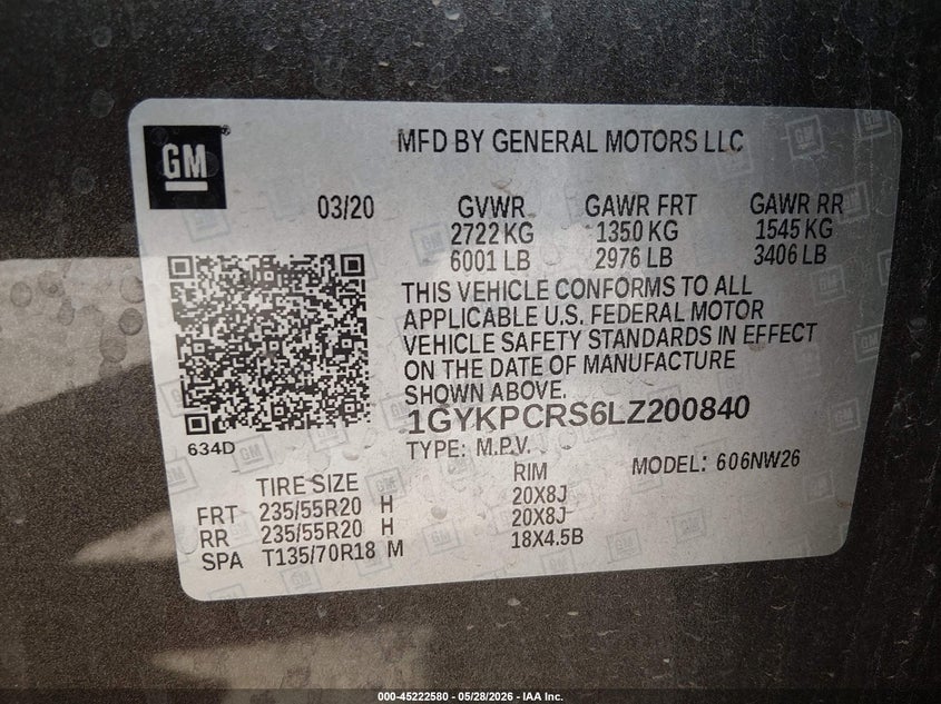 2020 Cadillac Xt6 Fwd Premium Luxury VIN: 1GYKPCRS6LZ200840 Lot: 45222580