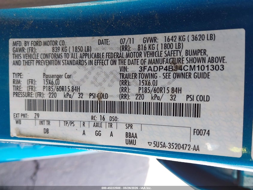 2012 Ford Fiesta Se VIN: 3FADP4BJ4CM101303 Lot: 45222588