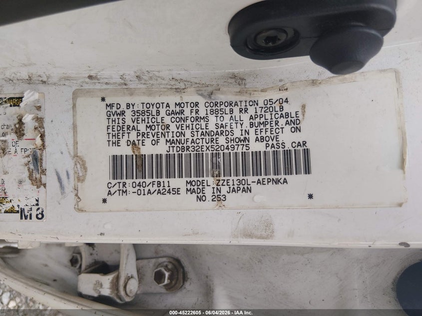 2005 TOYOTA COROLLA SEDAN 1.8L I-4 DOHC, VVT, 130HP