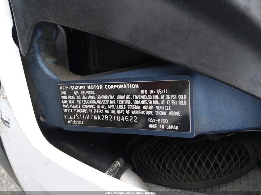 2011 Suzuki Gsx750 VIN: JS1GR7MA2B2104622 Lot: 45222685