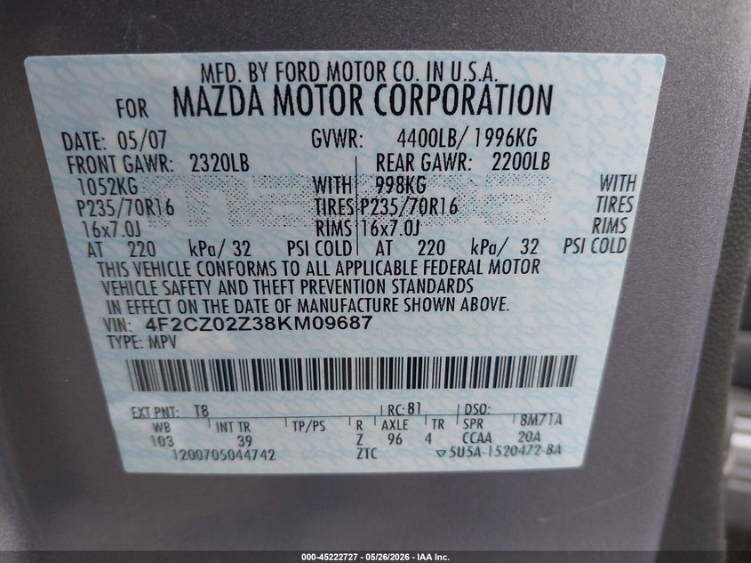 2008 Mazda Tribute I Sport VIN: 4F2CZ02Z38KM09687 Lot: 45222727