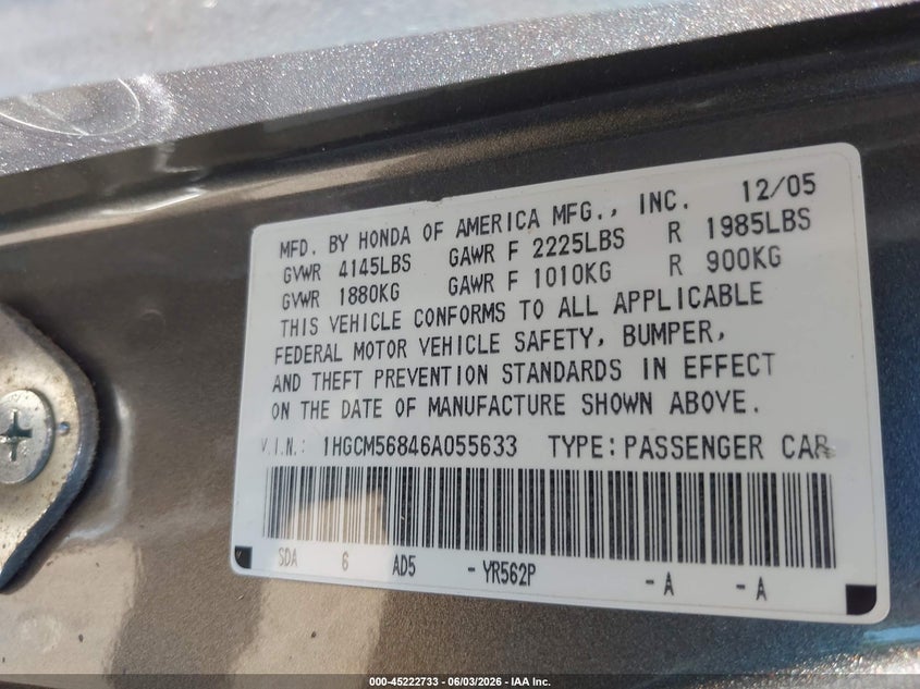 2006 Honda Accord 2.4 Ex VIN: 1HGCM56846A055633 Lot: 45222733