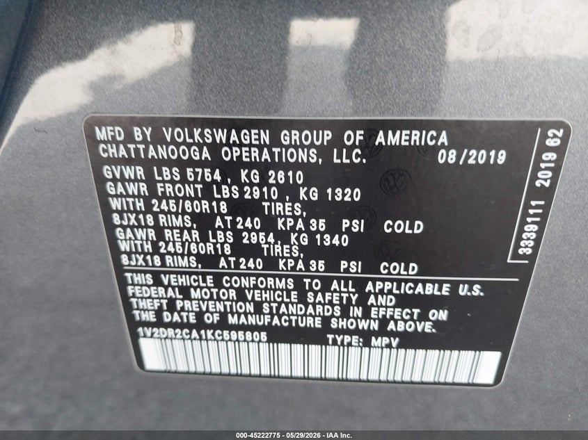 2019 Volkswagen Atlas 3.6L V6 Se VIN: 1V2DR2CA1KC595805 Lot: 45222775