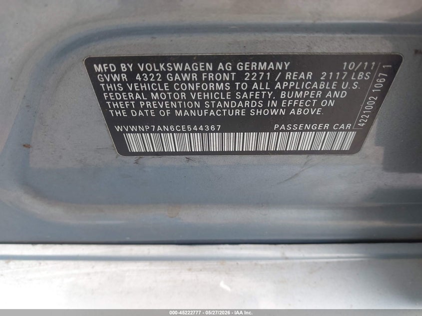 2012 Volkswagen Cc Sport VIN: WVWNP7AN6CE544367 Lot: 45222777