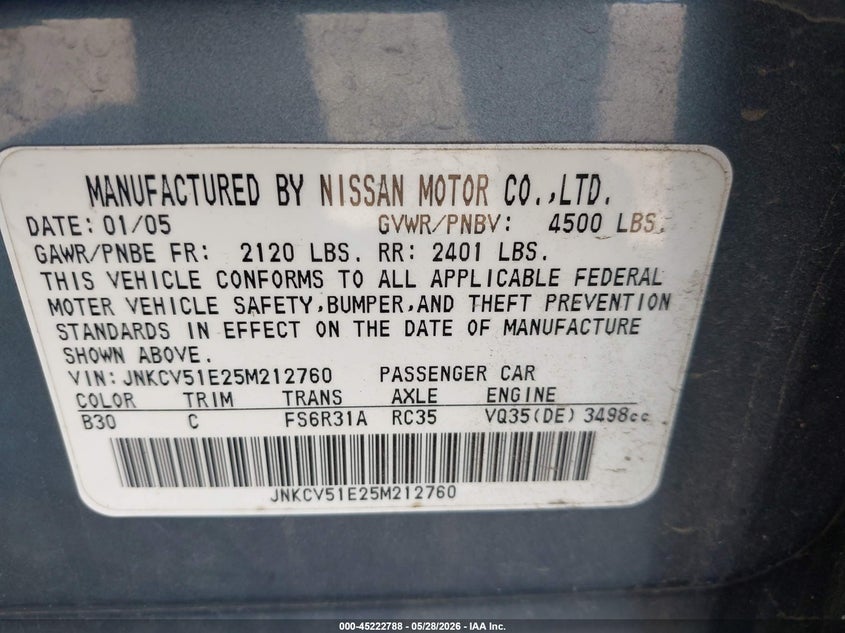 2005 Infiniti G35 VIN: JNKCV51E25M212760 Lot: 45222788