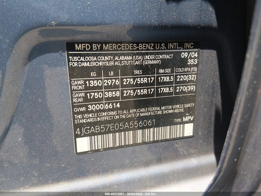 2005 Mercedes-Benz Ml 350 4Matic VIN: 4JGAB57E05A556061 Lot: 45222801