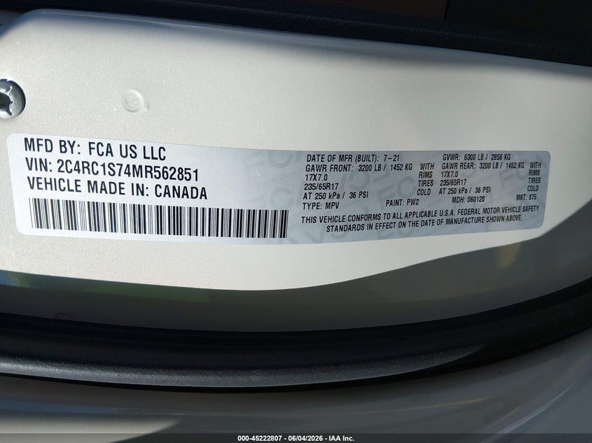 2021 Chrysler Pacifica Hybrid Limited VIN: 2C4RC1S74MR562851 Lot: 45222807