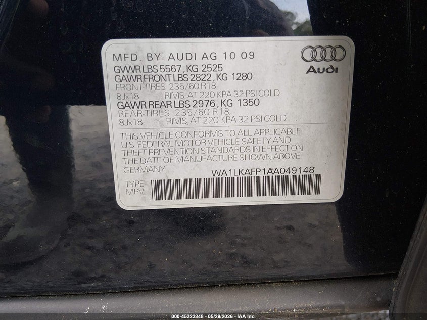 2010 Audi Q5 Premium Plus VIN: WA1LKAFP1AA049148 Lot: 45222848