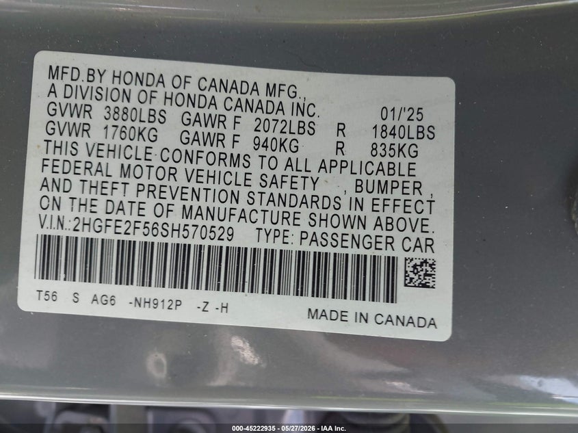 2025 HONDA CIVIC SEDAN 2.0L I-4 DI, DOHC, VVT, 150HP