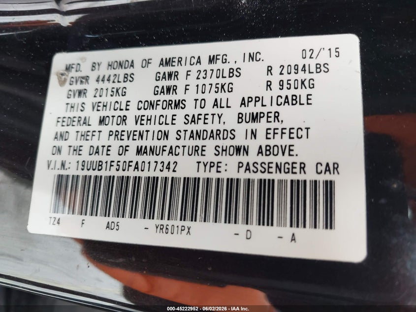 2015 Acura Tlx Tech VIN: 19UUB1F50FA017342 Lot: 45222952