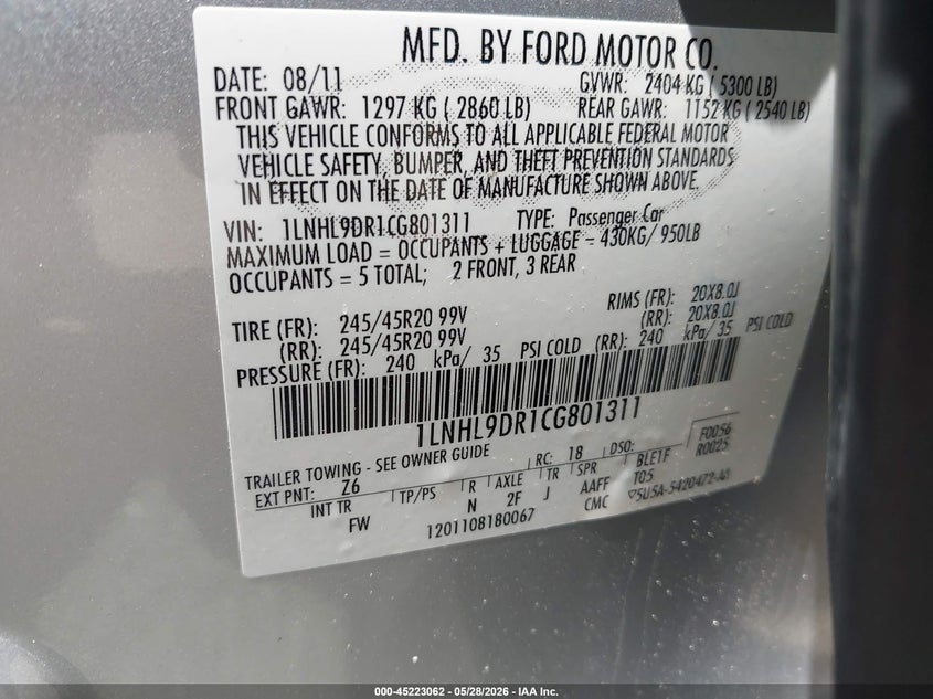 2012 Lincoln Mks VIN: 1LNHL9DR1CG801311 Lot: 45223062