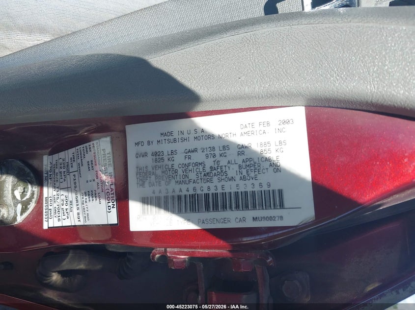 2003 Mitsubishi Galant Es/Ls VIN: 4A3AA46G83E153369 Lot: 45223075