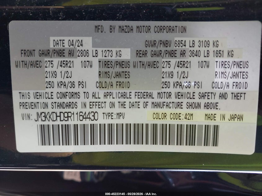 2024 Mazda Cx-90 3.3 Turbo Premium VIN: JM3KKDHD9R1164430 Lot: 45223145